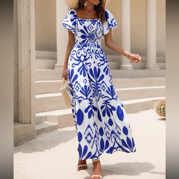 Boho Allover print shirred ruffle hem maxi dress - Picture 5 of 7